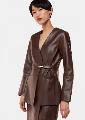 Whistles Josie Wrap Leather Blazer Chocolate | US-20643LWUG