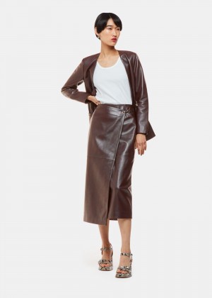 Whistles Josie Wrap Leather Skirts Chocolate | US-68371LQEU