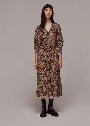 Whistles Jungle Cheetah Shirred Dress Leopard | US-46125AYQB