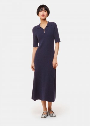 Whistles Knitted Ribbed Midi Dress Navy | US-57301YJSR