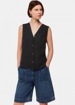 Whistles Laura Linen Tank Top Black | US-06859RSBQ