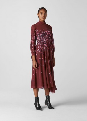 Whistles Leo Print Pleated Dress Burgundy | US-75629GKEN