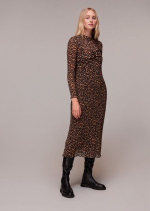 Whistles Leopard Plisse Midi Dress Leopard | US-67540OHJW