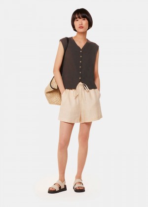 Whistles Linen Button Front Tank Top Chocolate | US-27456PHCJ