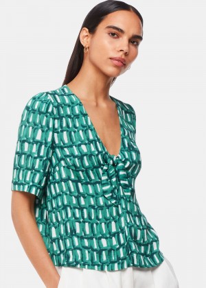 Whistles Linked Smudge Tie Front Top Green / Multicolor | US-46298NTGI