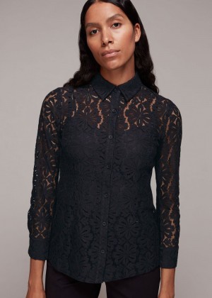 Whistles Longline Lace Detail Shirts Black | US-08934PKHZ