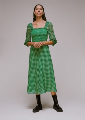 Whistles Lottie Gingham Shirred Dress Green / Multicolor | US-15749HEVF