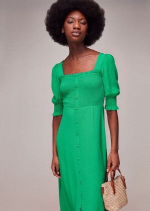 Whistles Luna Shirred Bodice Midi Dress Green | US-28640UPVC