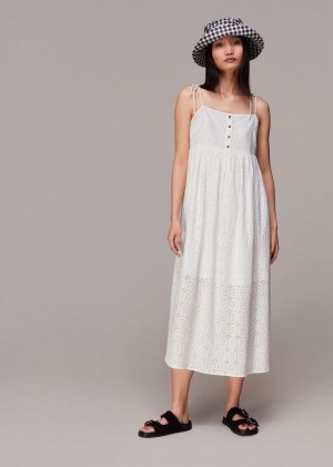 Whistles Mabel Broderie Midi Dress White | US-53219SEJU