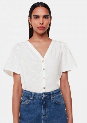 Whistles Maeve V Neck Button Front T-Shirt White | US-23908QOFB