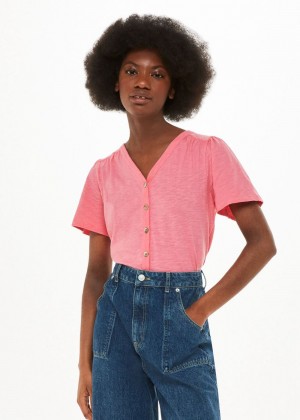 Whistles Maeve V Neck Button Front T-Shirt Pink | US-14739PNGZ