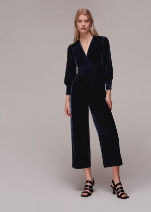 Whistles Maisey Shirred Velvet Jumpsuit Navy | US-07268DTRS