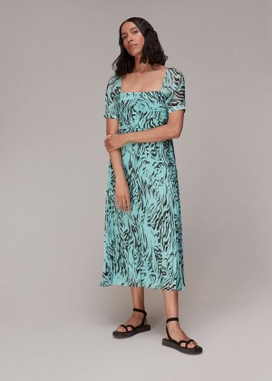 Whistles Midnight Tiger Pleated Dress Mint | US-37541YKLB