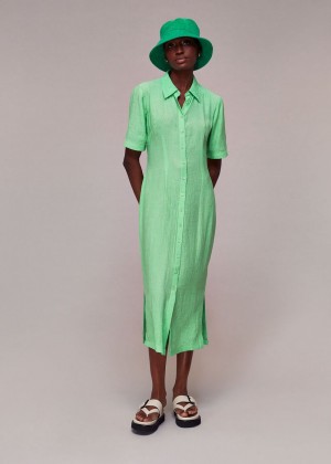 Whistles Millie Plisse Shirt Dress Light Green | US-81452YWZT