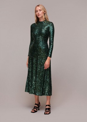 Whistles Minimal Sequin Midi Dress Dark Green | US-05824FLNY