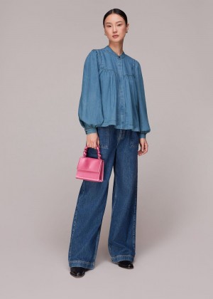 Whistles Mollie Chambray Denim Blouse Blue | US-91638HSIZ