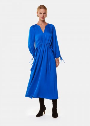 Whistles Molly Satin Ruched Dress Blue | US-49156WVEM