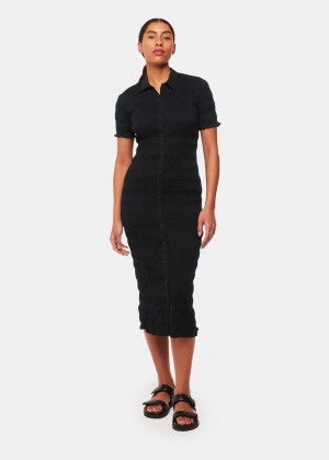 Whistles Monique Shirred Midi Dress Black | US-13628RGYX