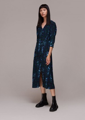 Whistles Night Cat Print Midi Dress Blue / Multicolor | US-57408QWXZ