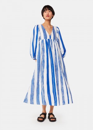 Whistles Painted Stripe Gloria Dress Blue / White | US-60892XVAW