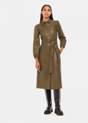 Whistles Phoebe Leather Shirt Dress Khaki | US-64789HCTS