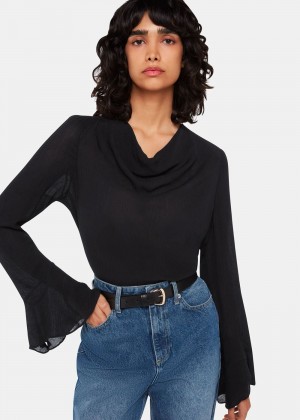 Whistles Pia Plisse Cowl Neck Top Black | US-83576TDIG