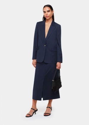 Whistles Pinstripe Tailored Midi Skirts Navy / Multicolor | US-62459RLMU