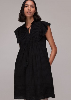 Whistles Pintuck Frill Cotton Dress Black | US-46972JBPN