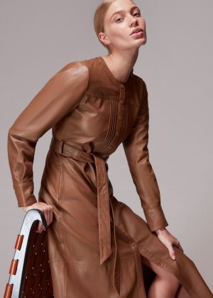 Whistles Pintuck Leather Midi Dress Toffee | US-60239UKLB