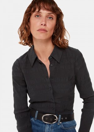 Whistles Plisse Button Front Shirts Black | US-30761EQDY