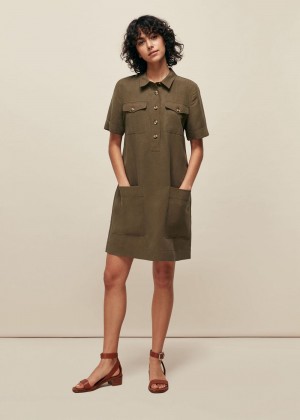 Whistles Pocket Detail Linen Mix Dress Khaki | US-72541VLCN