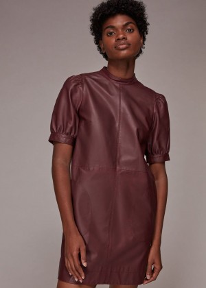 Whistles Puff Sleeve Leather Dress Burgundy | US-30241OJWP