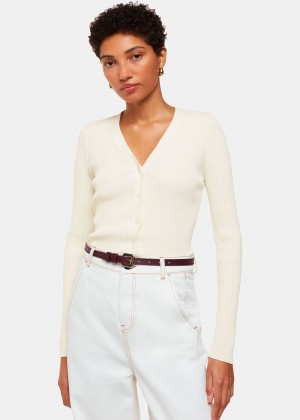 Whistles Ribbed V Neck Cardigan White | US-09815TCSG