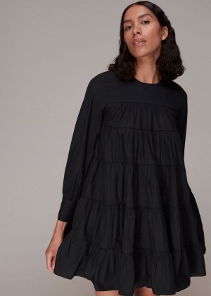 Whistles Ronnie Cotton Tiered Dress Black | US-24951OKFW