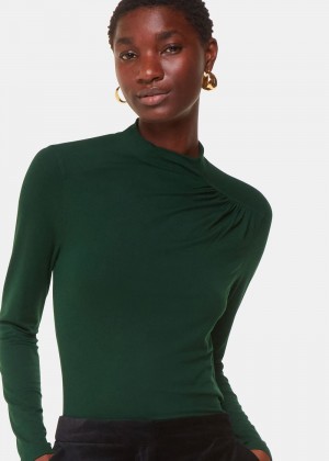 Whistles Ruched Front Detail Jersey Top Dark Green | US-07841BJNK