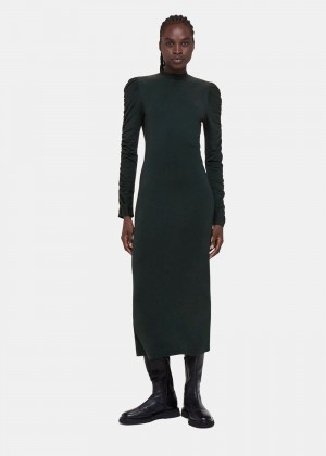 Whistles Ruched Sleeve Jersey Dress Dark Green | US-43621SQDC