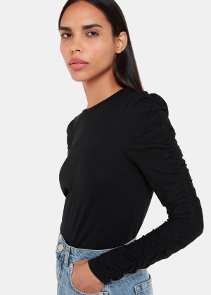 Whistles Ruched Sleeve Top Black | US-12439SQIX