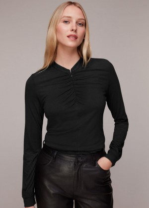 Whistles Ruched Zip Neck Top Black | US-75368ZIPB