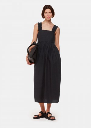 Whistles Ruffle Strap Poplin Midi Dress Black | US-37012UOQL