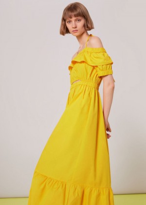 Whistles Serena Poplin Bardot Dress Yellow | US-45906CMAI