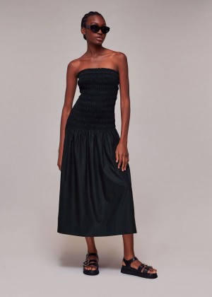 Whistles Shirred Bandeau Poplin Dress Black | US-01237ZQCL