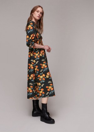 Whistles Shirred Floral Midi Dress Black / Multicolor | US-70541FJHV