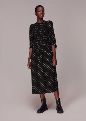 Whistles Shirred Spot Midi Dress Black / Multicolor | US-83519XGZT