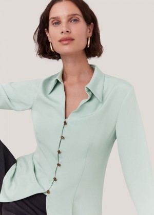 Whistles Silk Blend V Neck Shirts Blue | US-29348ATYL