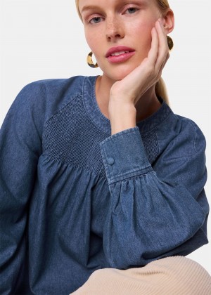 Whistles Smocked Denim Blouse Blue | US-79642HMCJ