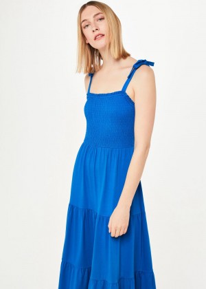 Whistles Smocked Tiered Jersey Dress Blue | US-69720JCRD