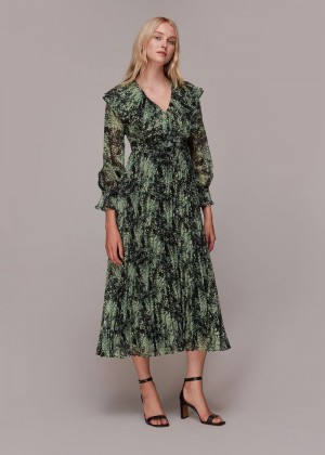 Whistles Snow Flurry Printed Midi Dress Green / Multicolor | US-69801MWCJ