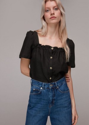 Whistles Square Neck Linen Top Black | US-70924BGVJ