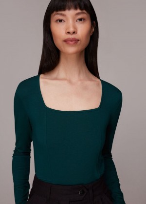 Whistles Square Neck Long Sleeve Top Dark Green | US-45083HNVM