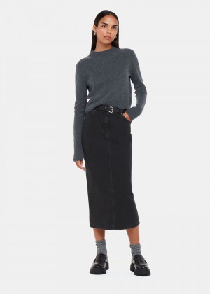 Whistles Straight Denim Midi Skirts Black | US-39825MOBA